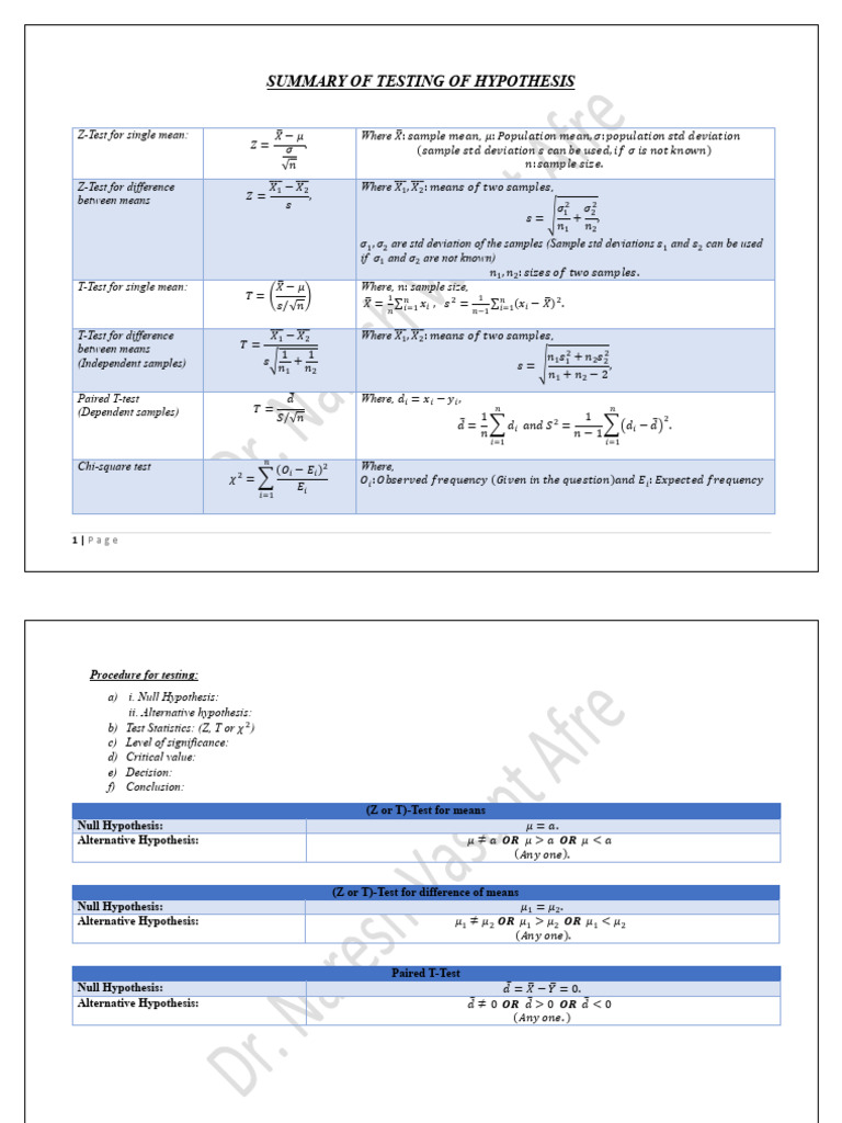 Summary of Testing of Hypothesis 30.10.25 | PDF | Student's T Test ...