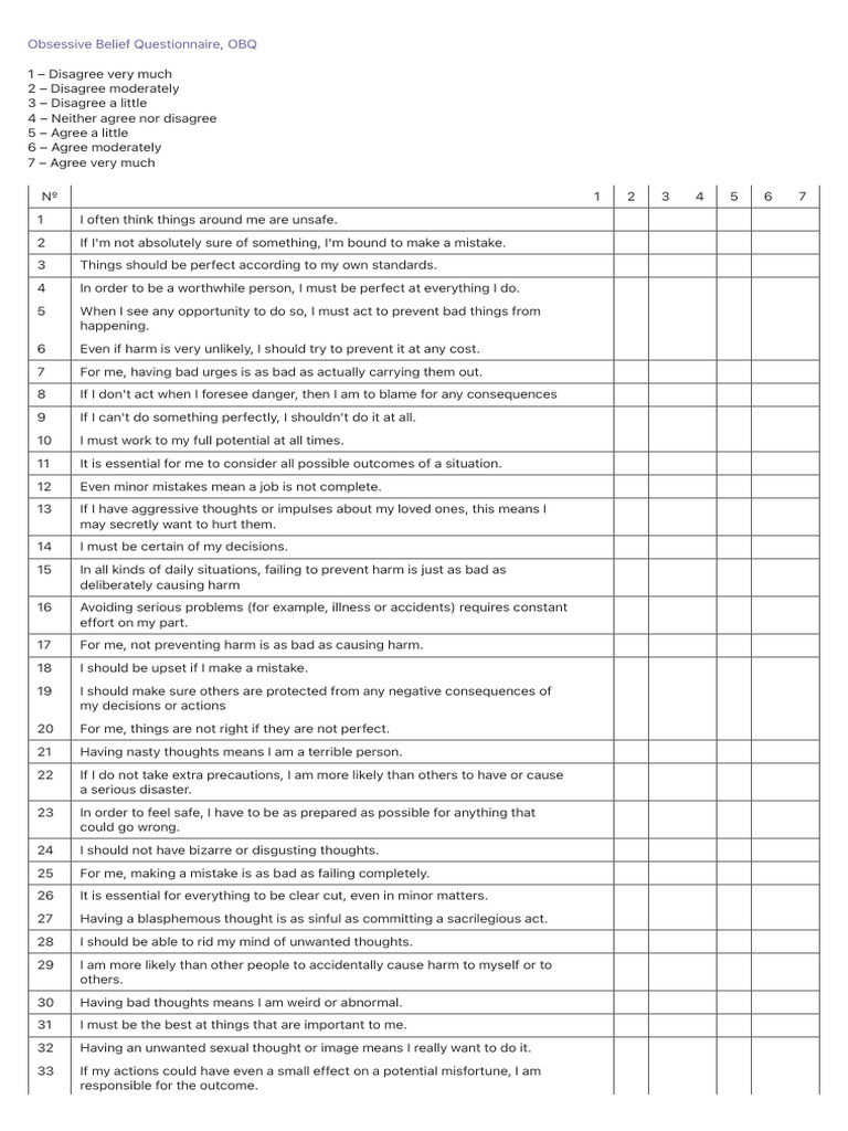 Obsessive Belief Questionnaire, OBQ - Form | PDF | Psychology