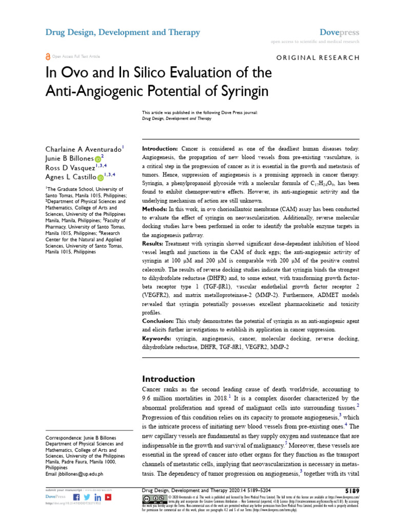 DDDT 271952 in Ovo and in Silico Evaluation of The Anti Angiogenic ...
