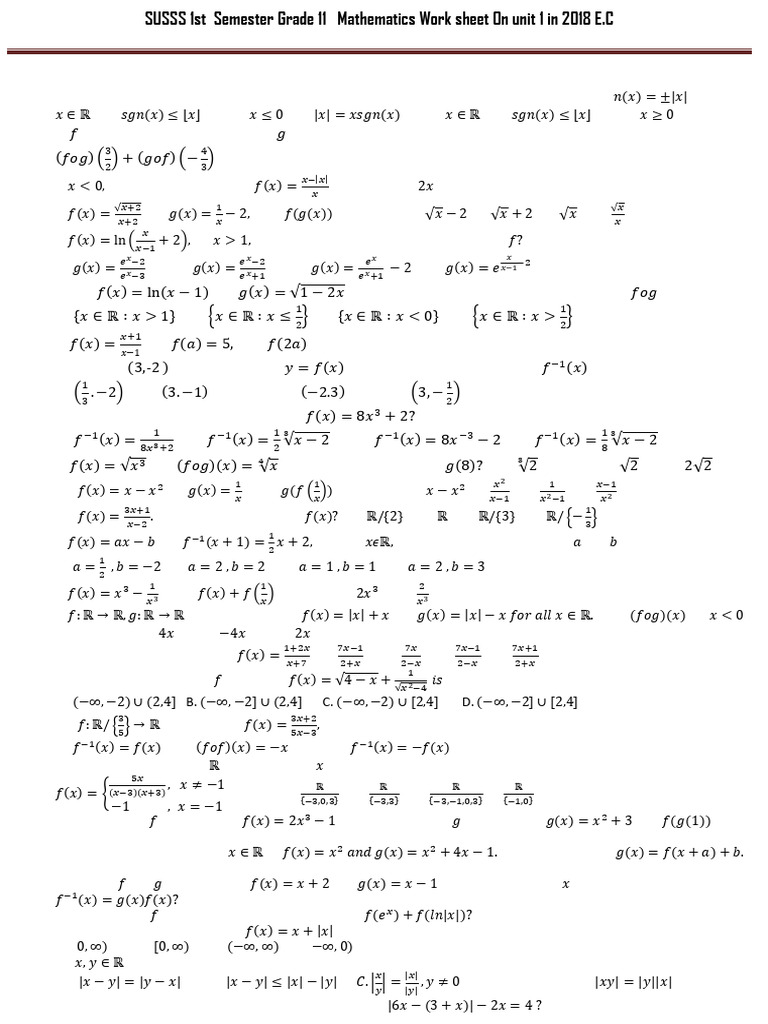 Work Sheet One For Grade 11 in 2018 | PDF | Function (Mathematics ...