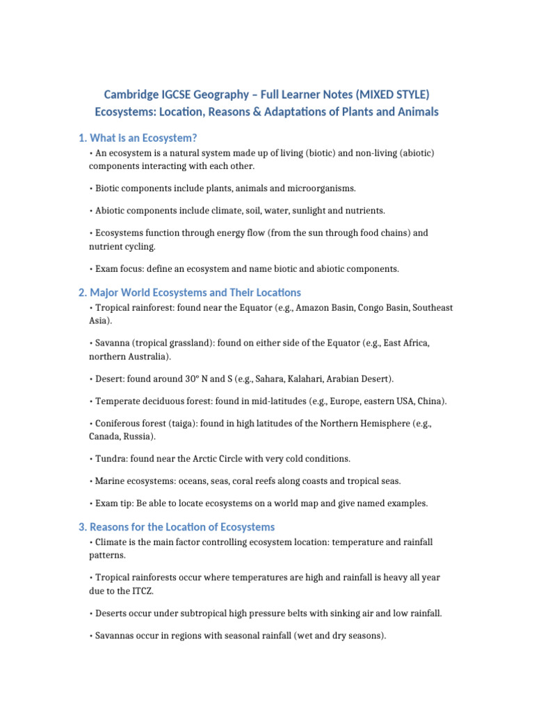Geography Notes - Ecosystems - Adaptations | PDF | Ecosystem | Tropics