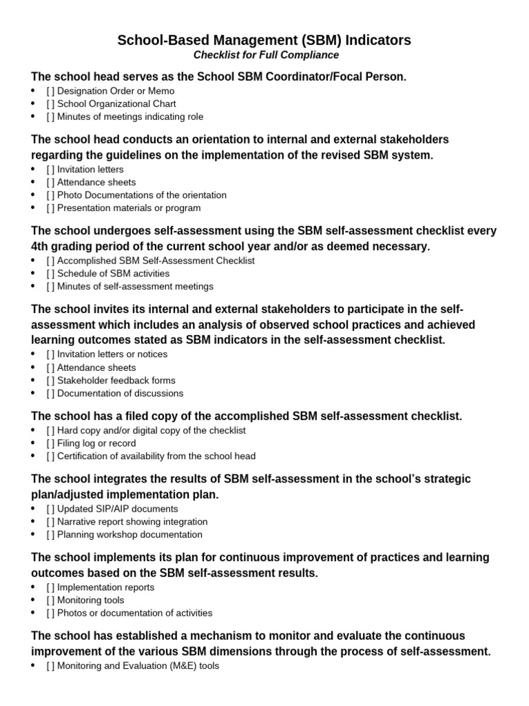 SBM_Indicators_Checklist | PDF | Business