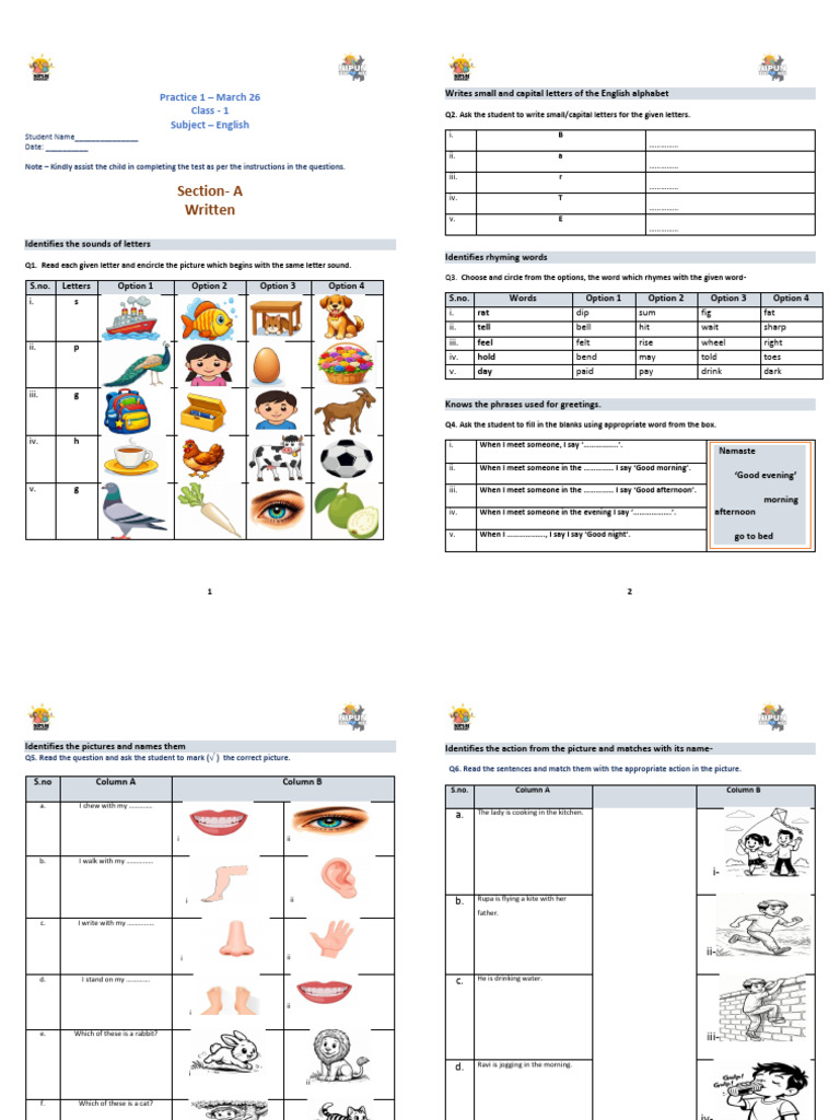 Grade 1 - English - Sample Paper 1 | PDF