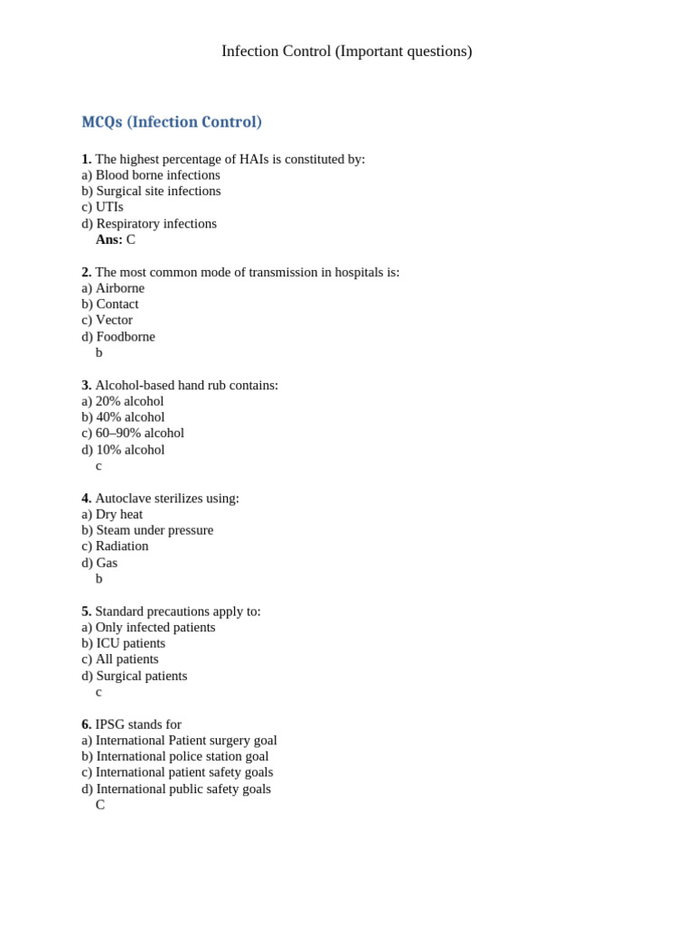 Modified-Infection Control Important Questions | PDF | Infection ...