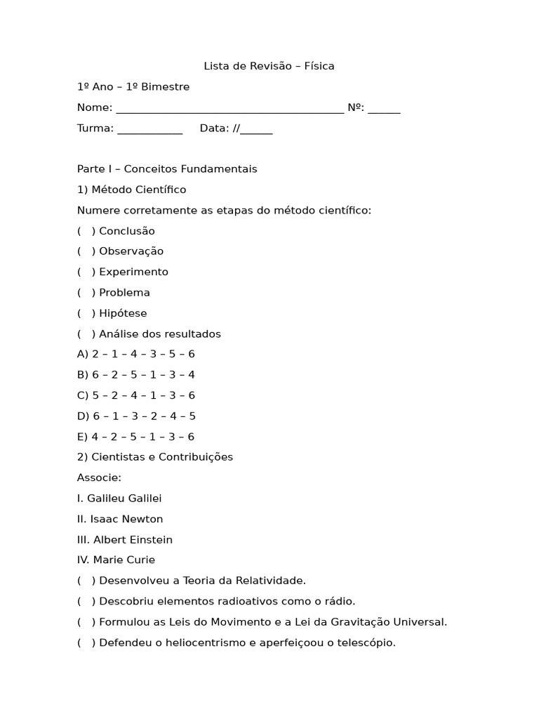 Lista de Revisão 1 Ano Física | PDF | Física | Science