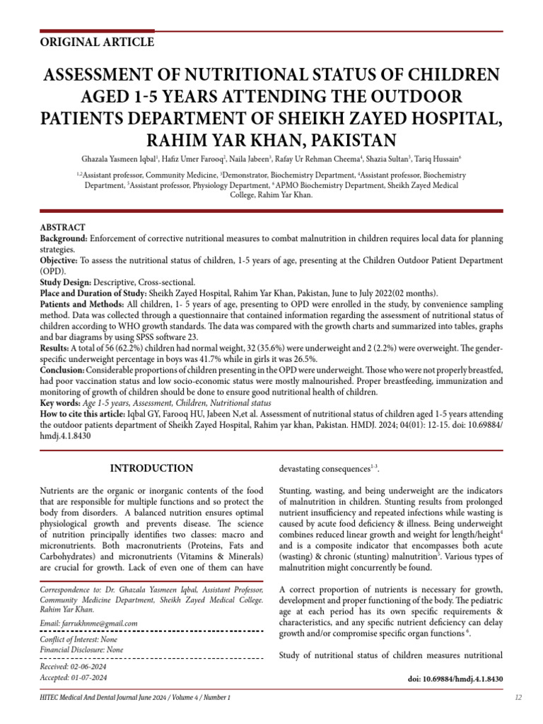 Assessment of Nutritional Status of Children Aged 1-5 Years Attending ...
