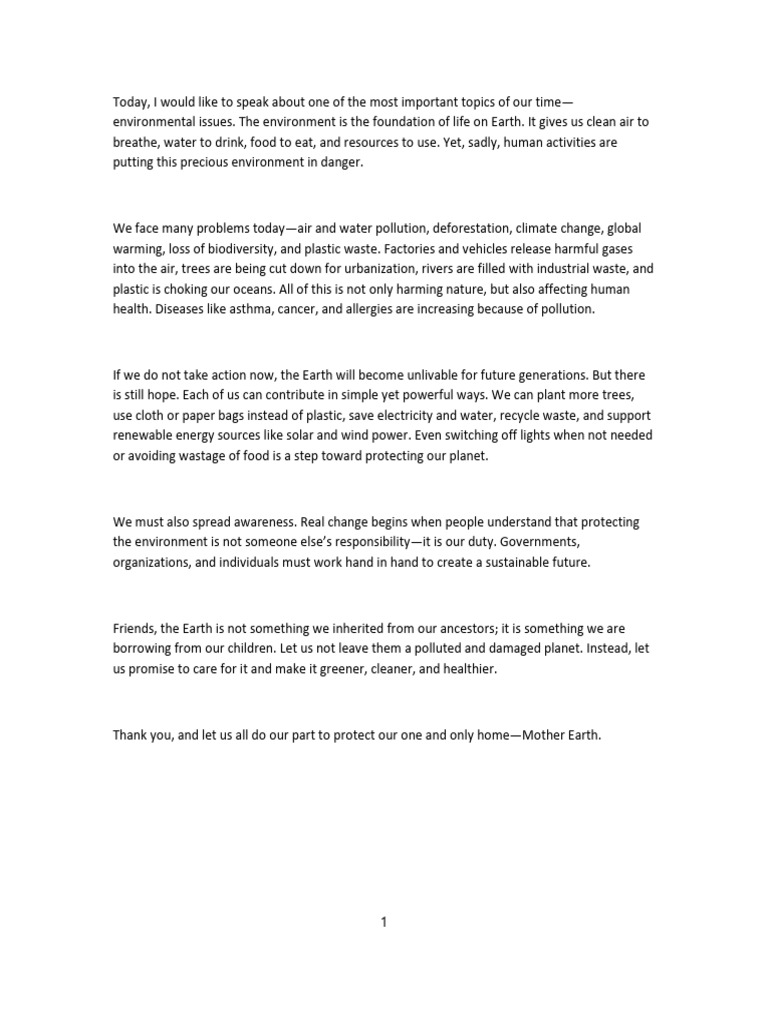 Enviroment Speech | PDF