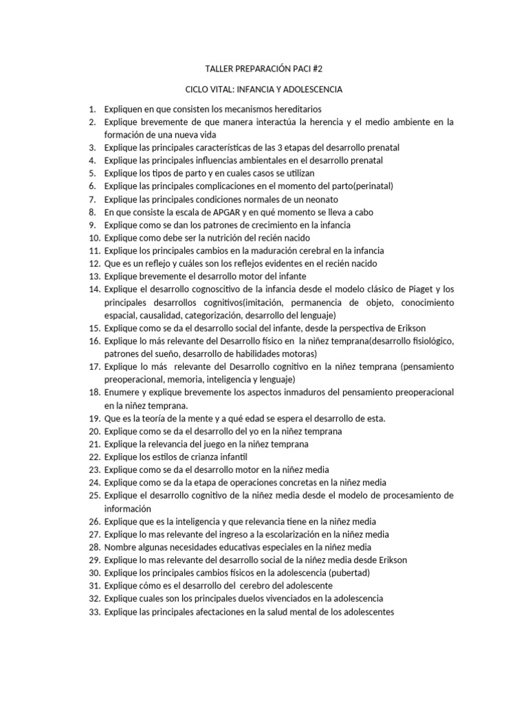 Taller Preparación Paci 2 Ciclo | PDF | Adolescencia | Desarrollo cognitivo