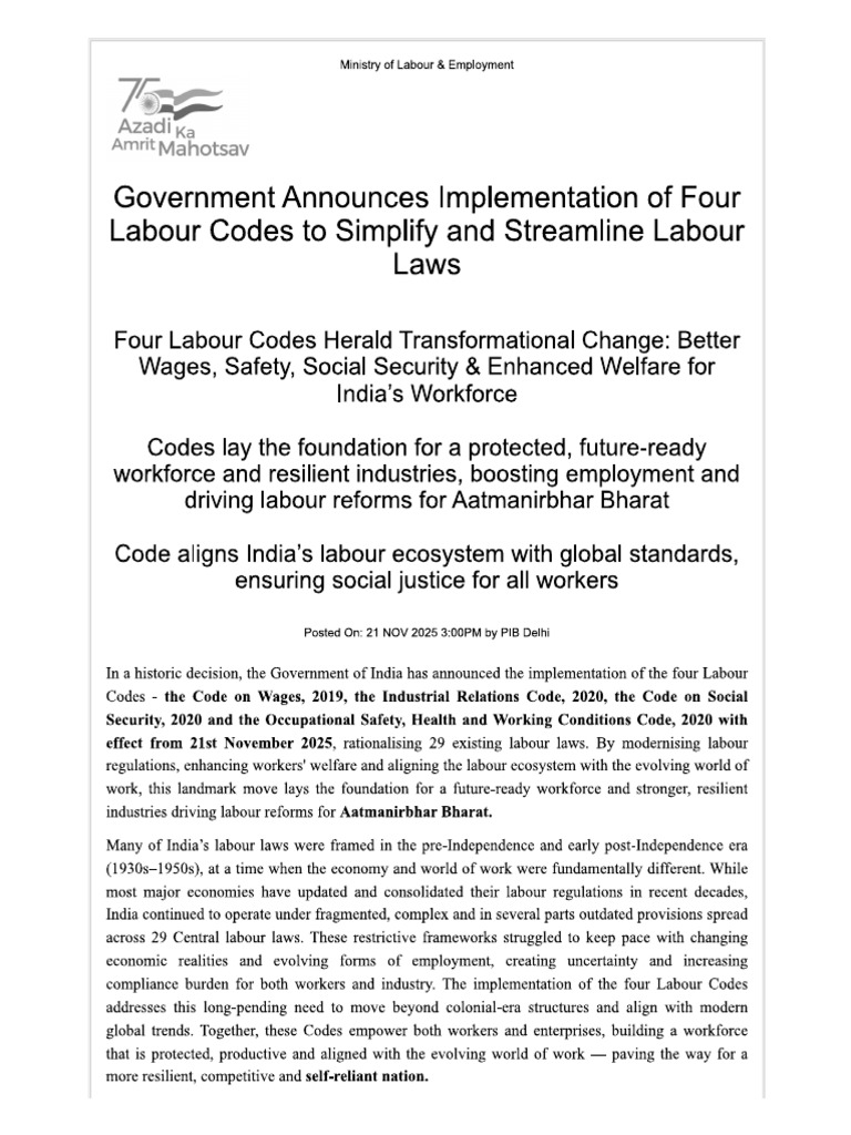 New Labour Code 21.11.2025 As Govt Notified | PDF