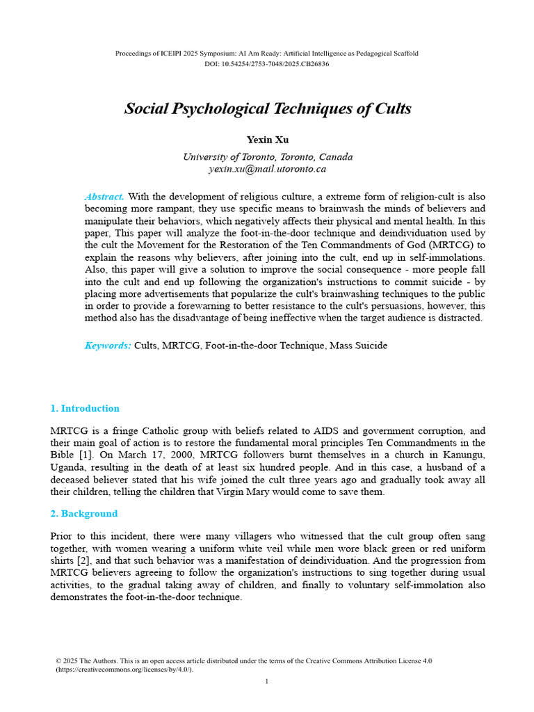Social Psychological Techniques of Cults | PDF | Psychology ...