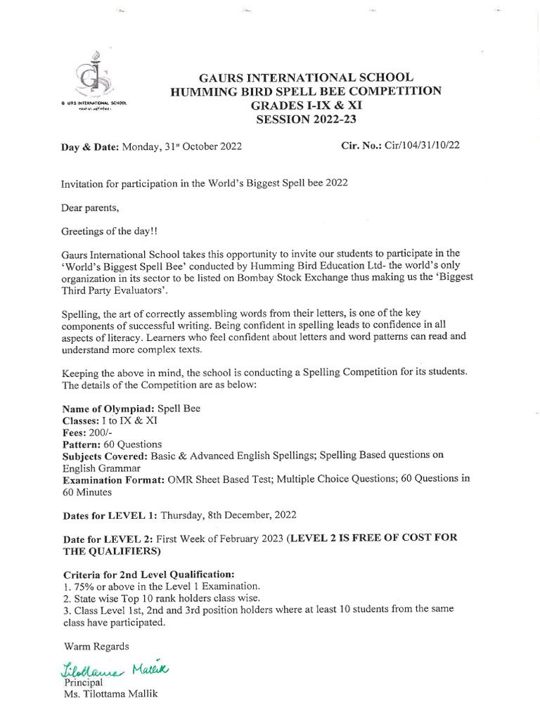 Humming Bird Spell Bee Competition | PDF