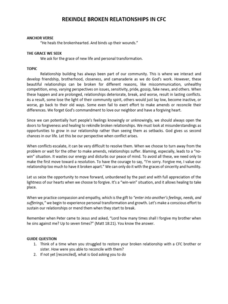 Rekindle Broken Relationship in CFC | PDF