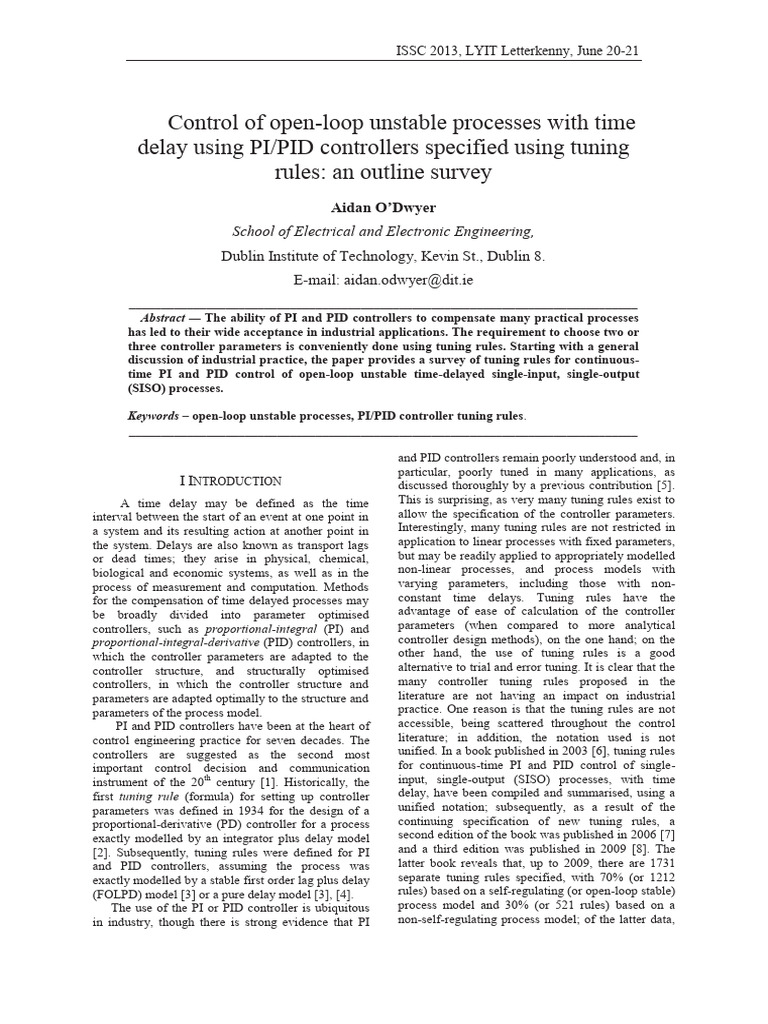 Control of Open Loop Unstable Processes With Time Delay Using PI PID ...
