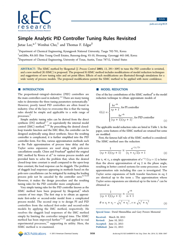 Simple Analytic PID Controller Tuning Rules Revisited 2014 Lee | PDF ...