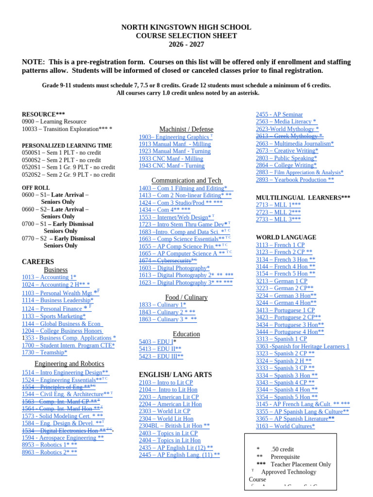 Course Selection 2026-2027 | PDF | Science