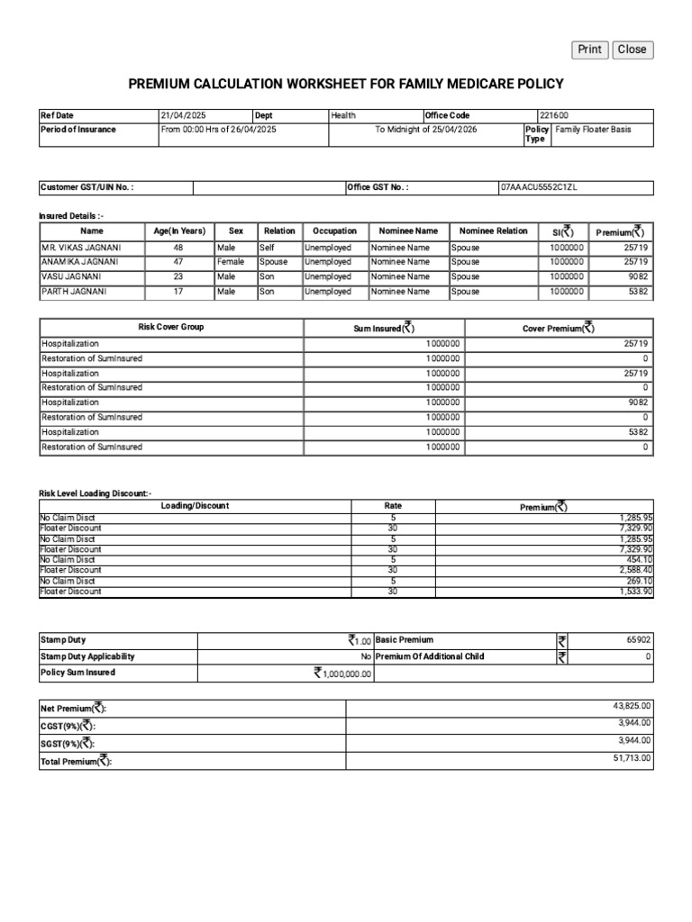 UIIC Individual Family Medicare Worksheet | PDF | Economies | Insurance