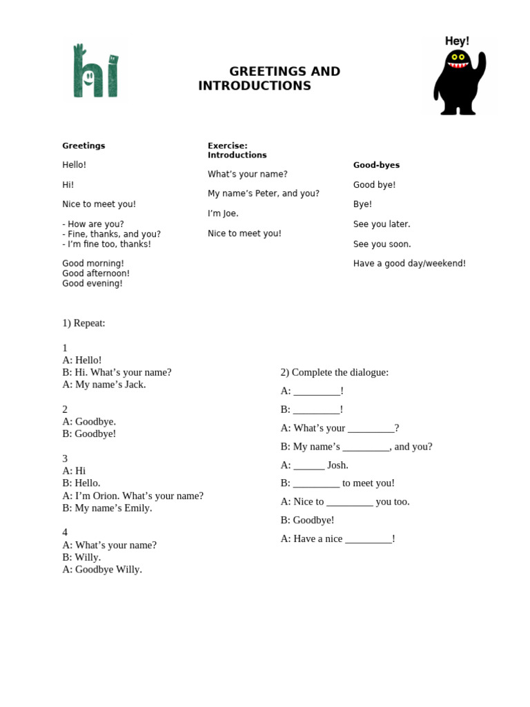 Greetings and Introductions Conversation Topics Dialogs Fun Activities ...