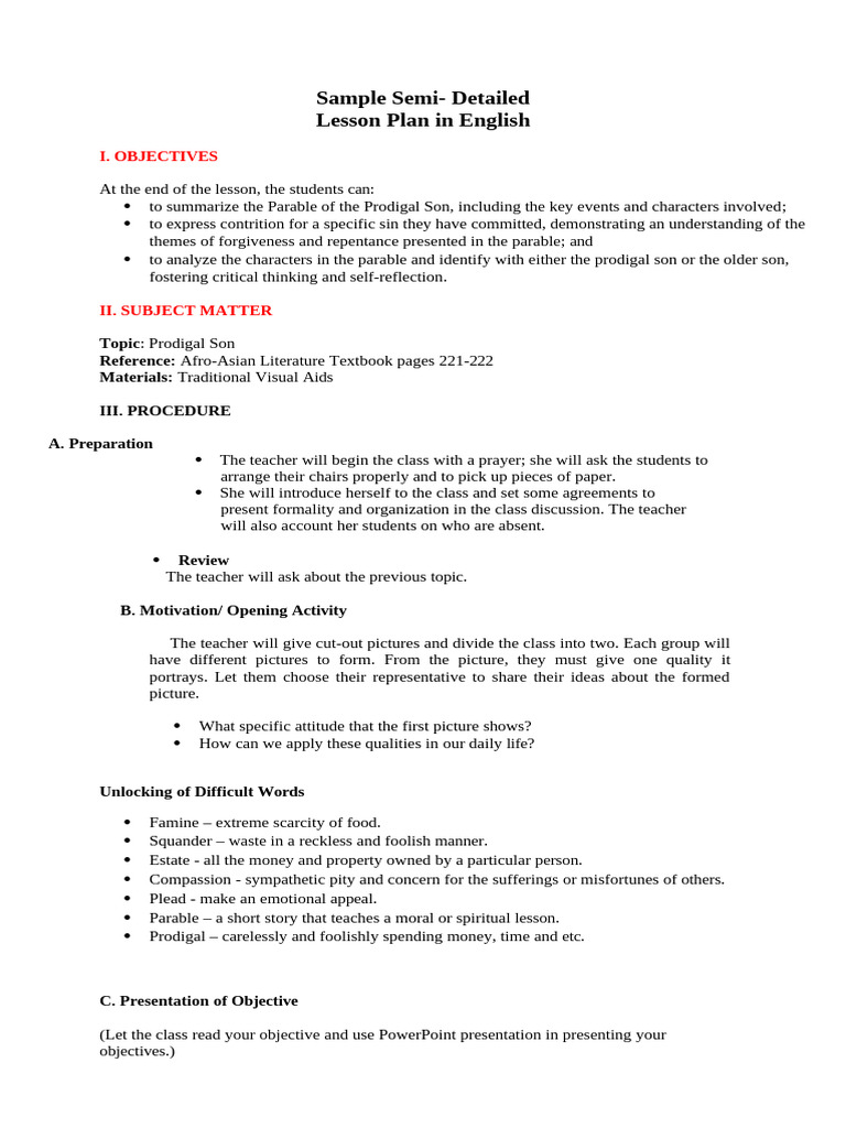 Semi Detailed Lesson Plan Sample | PDF
