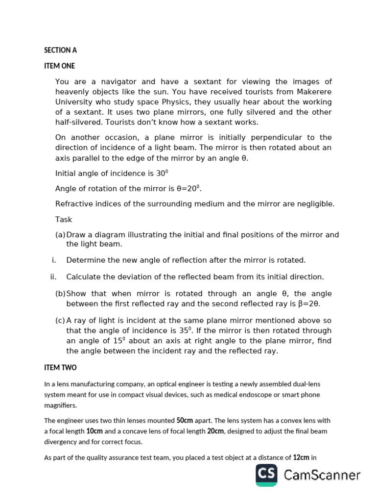 s.5 Physics End of Term II, 2025 Nico-1(2)(1) | PDF | Mirror | Light