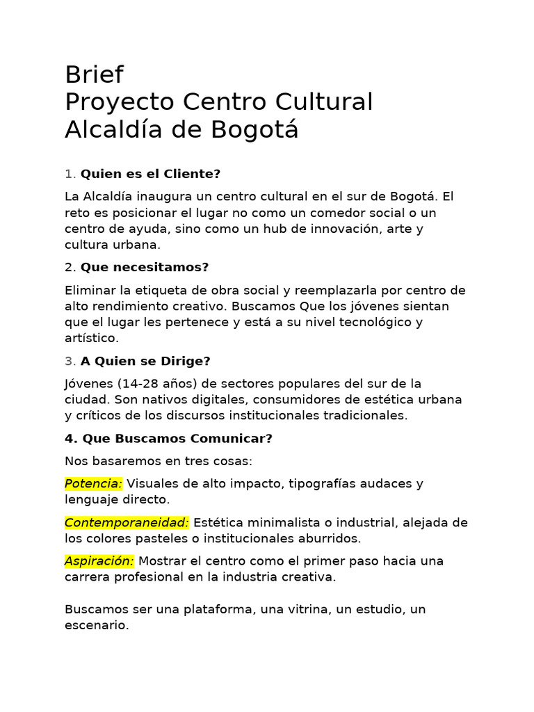 Adelanto Brief Centro Cultural - 2 de Marzo | PDF | Bogotá