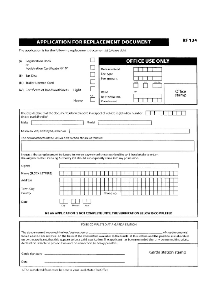 Form RF134 - Application For Replacement Documents | PDF