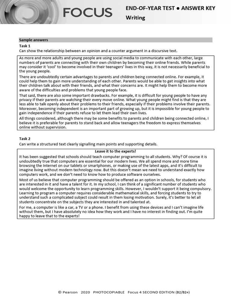Focus4 2E End of Year Test Writing ANSWERS | PDF | Communication ...
