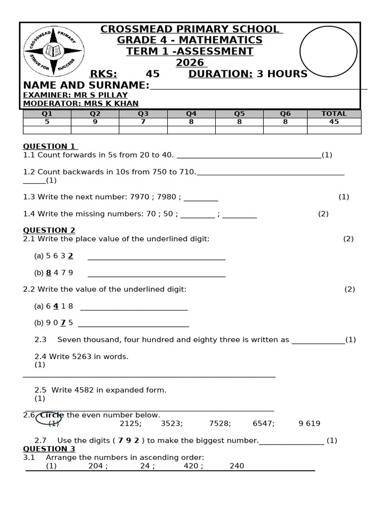 Grade 4 Math - 2026 Assessment Term 1 | PDF | Mathematics
