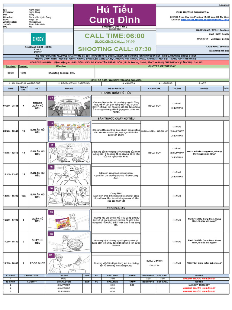 Callsheet Cung Dinh Day 1 Final | PDF