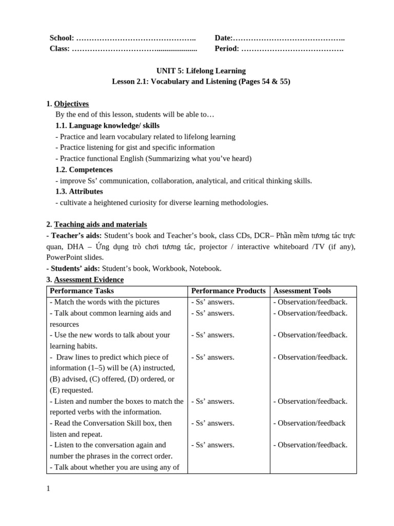 Unit 5 - Lesson 2.1 - Vocab & Listening - Pages 54 & 55 | PDF | Learning