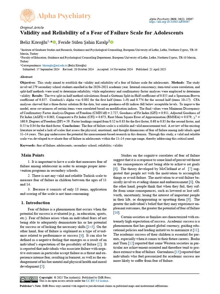 Validity and Reliability of A Fear of Failure Scal | PDF | Behavioural ...