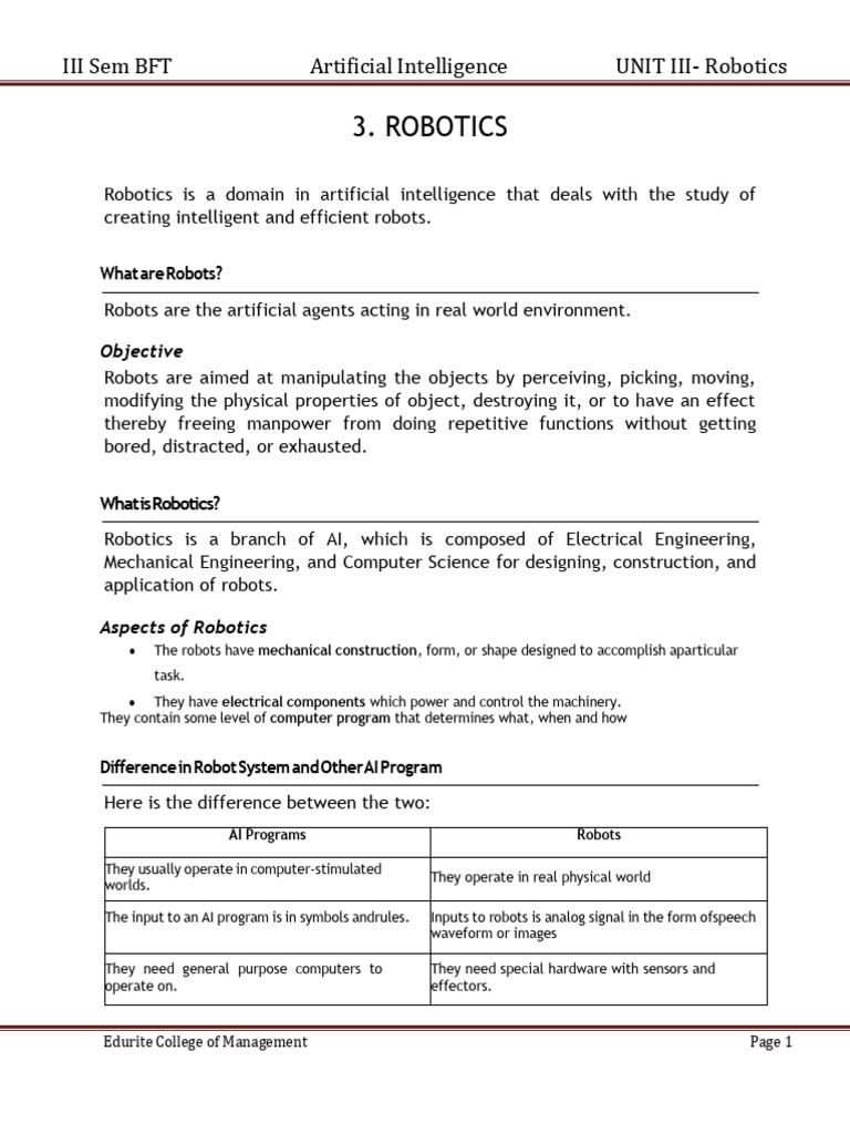 Ai Unit 3 Robotics | PDF | Computer Vision | Robotics