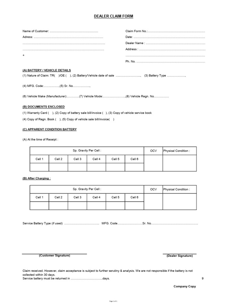 Dealer Claim Form | PDF