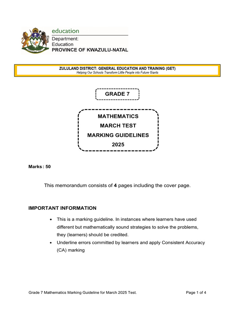 Grade 7 Mathematics March Test Marking Guideline 2025. | PDF ...