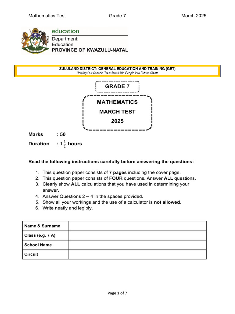 Grade 7 Mathematics March Test 2025. | PDF | Mathematics | Arithmetic