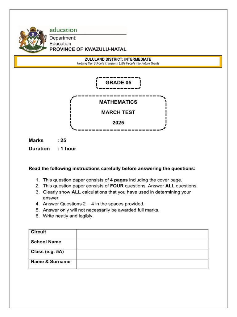 Grade 5 Mathematics March Test 2025. | PDF | Mathematics