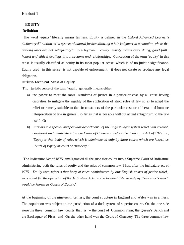 EQUITY Lecture Notes 2025 Handout 1 | PDF | Equity (Law) | Common Law