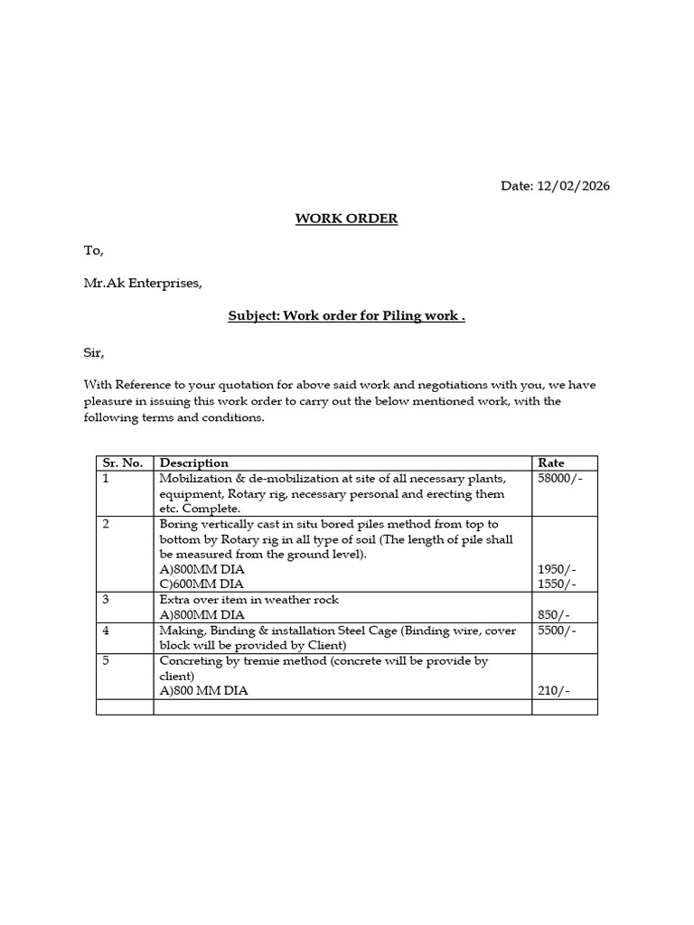 Bandra - Work Order 1 (Anish Piling) | PDF | Plumbing | Building ...