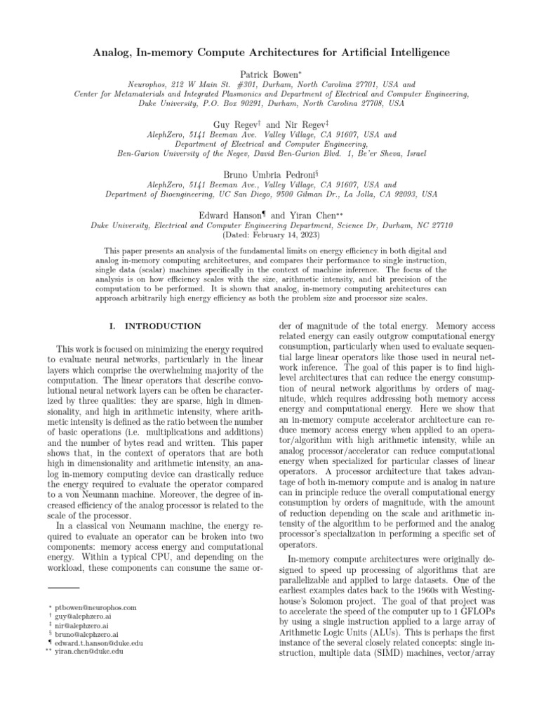 Analog, In-Memory Compute Architectures For Artificial Intelligence ...