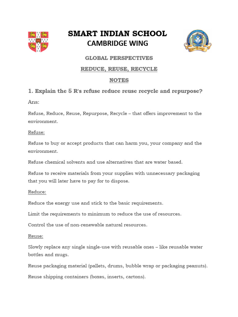 Notes - Reduce Reuse, Recycle | PDF | Recycling | Reuse