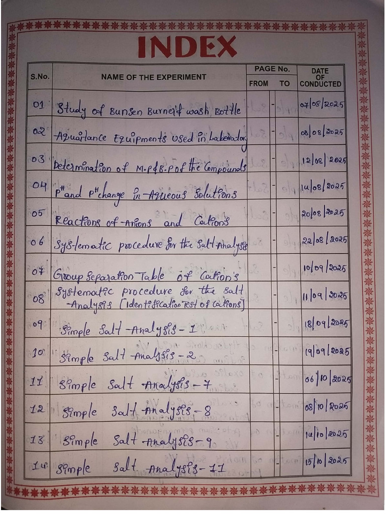 Chemistry Practical Index With Dates | PDF