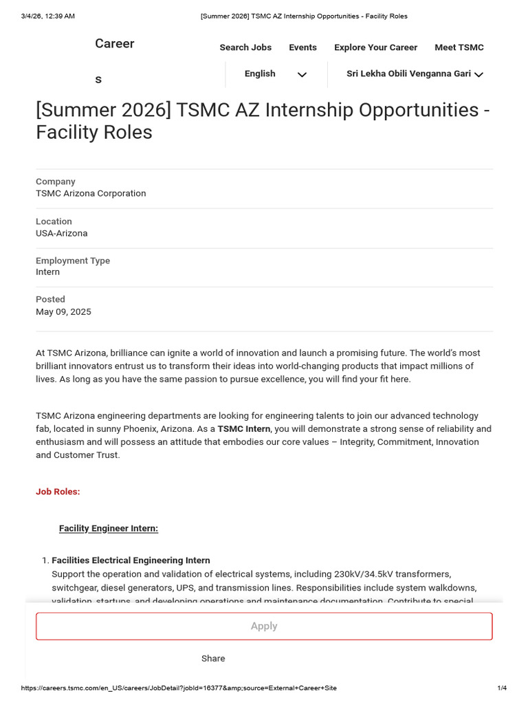 (Summer 2026) TSMC AZ Internship Opportunities - Facility Roles | PDF
