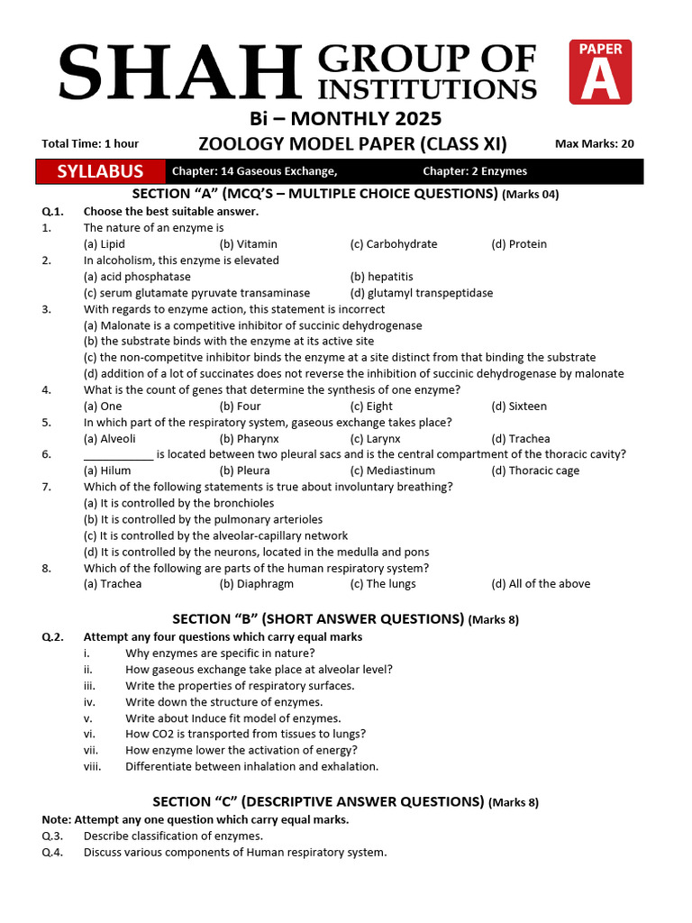 XI Zoology 1st Bi-Monthly Paper | PDF | Respiratory System | Lung