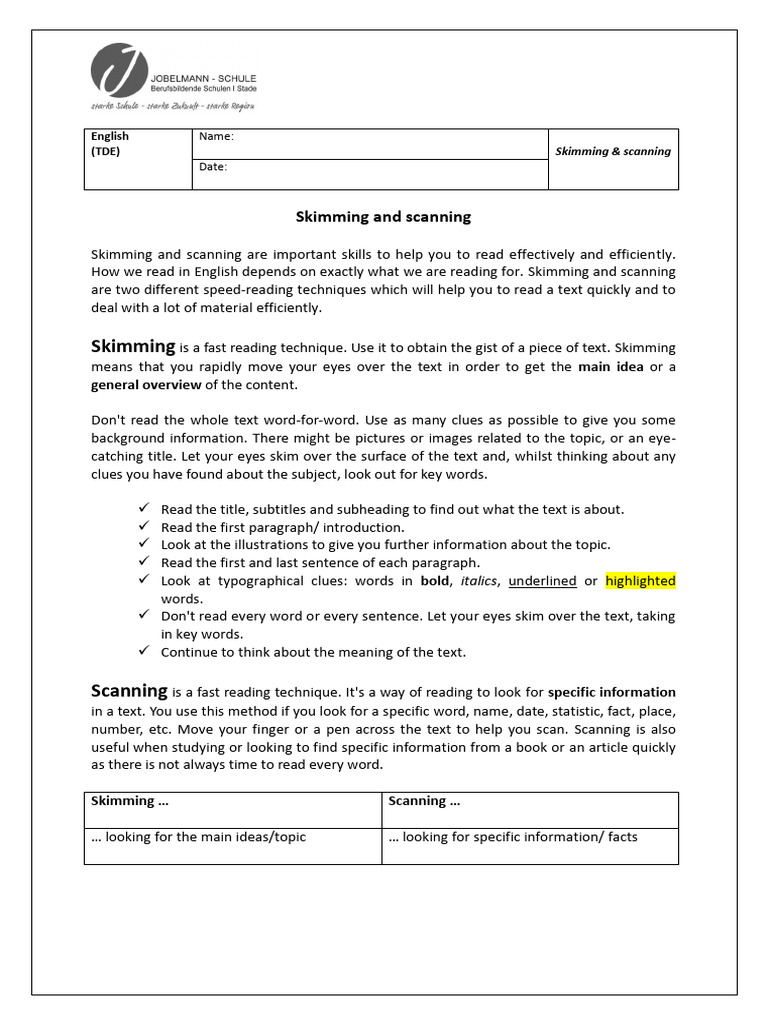 Skimming and Scanning Skill File | PDF
