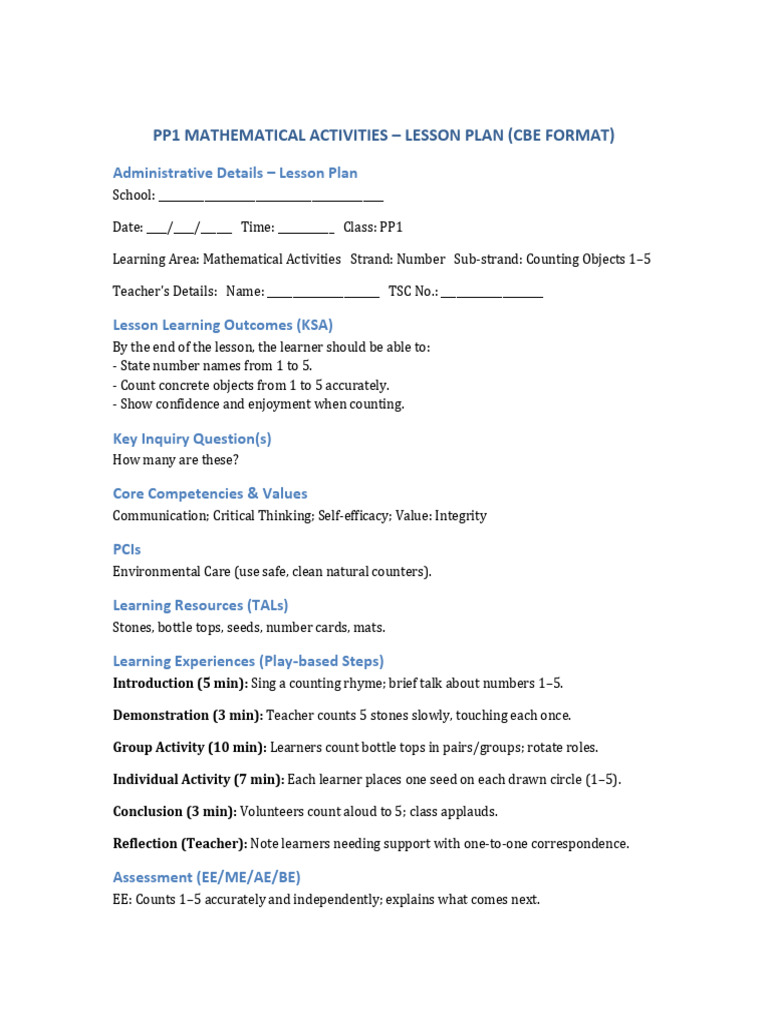 PP1 Math LessonPlan CBE Format KSA | PDF
