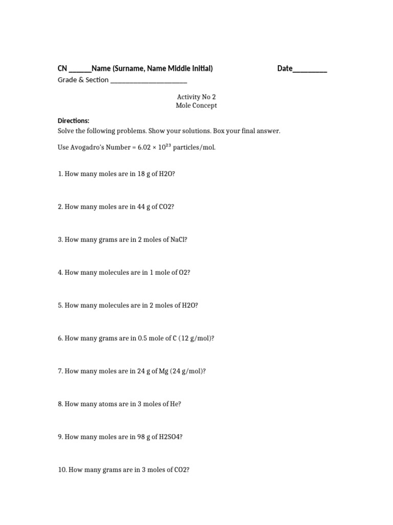 Mole Concept Computation Worksheet | PDF