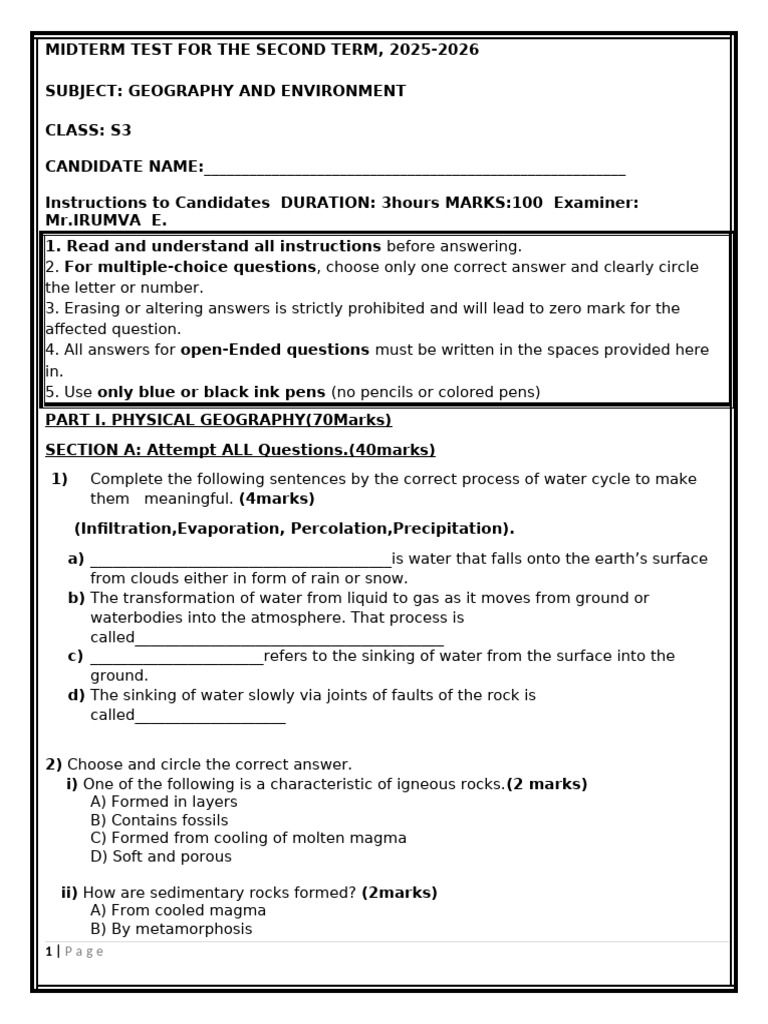 s3 Geo Midterm Test II 2026 by MR - Irumva Emmanuel | PDF | Soil ...