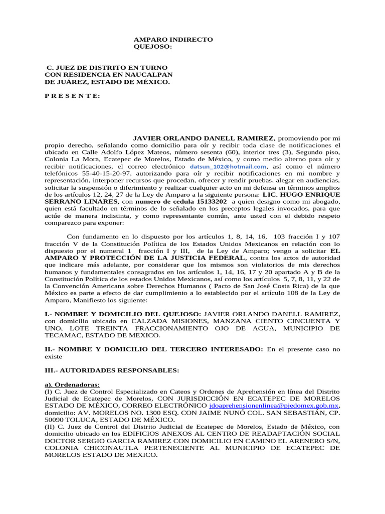 Amparo Indirecto Orden de Aprehension EJERCICIO Con Citas | PDF ...