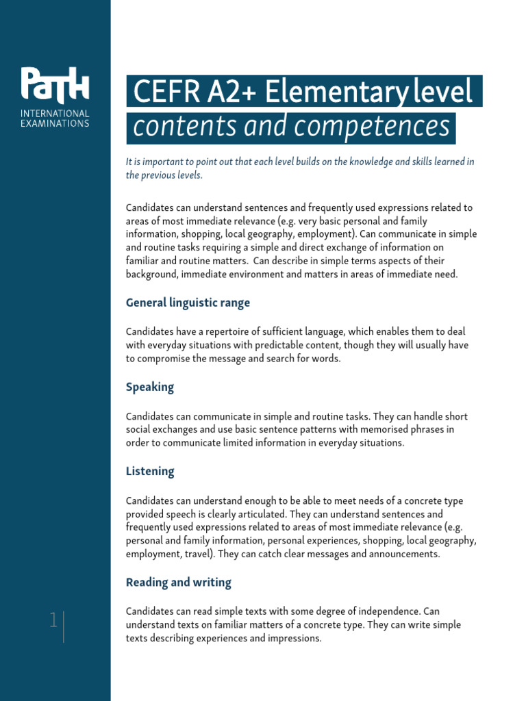A2+ Elementary Level - Contents and Competences | PDF | Verb | Adjective