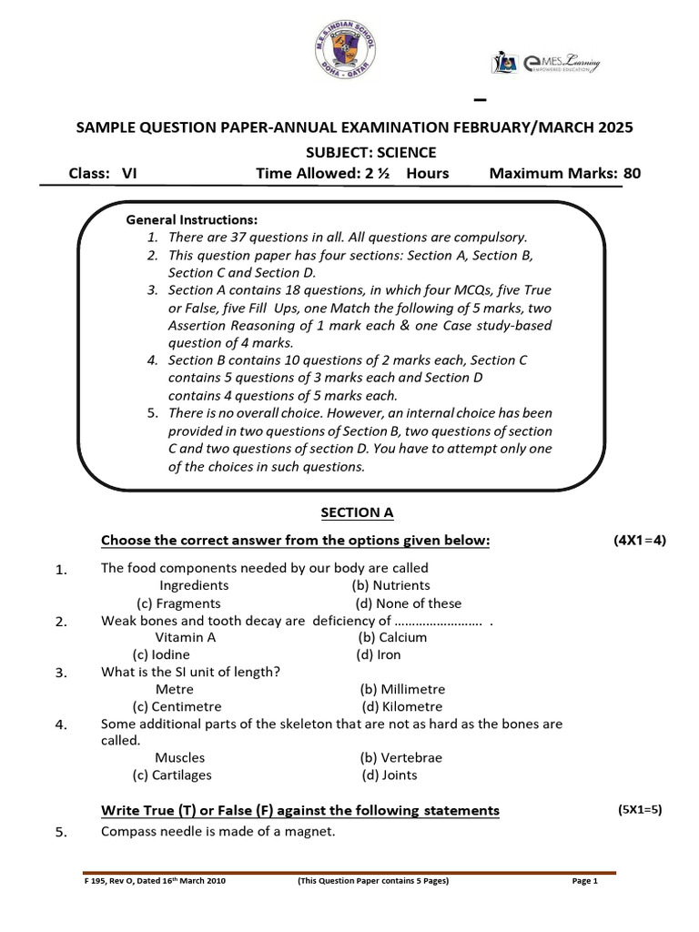 Class 6 Science Sample Question Paper 2025 | PDF | Vitamin | Vitamin D