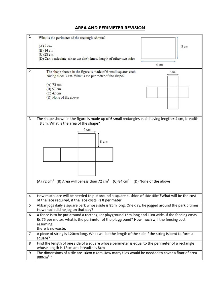 Area and Perimeter Revision Worksheet | PDF